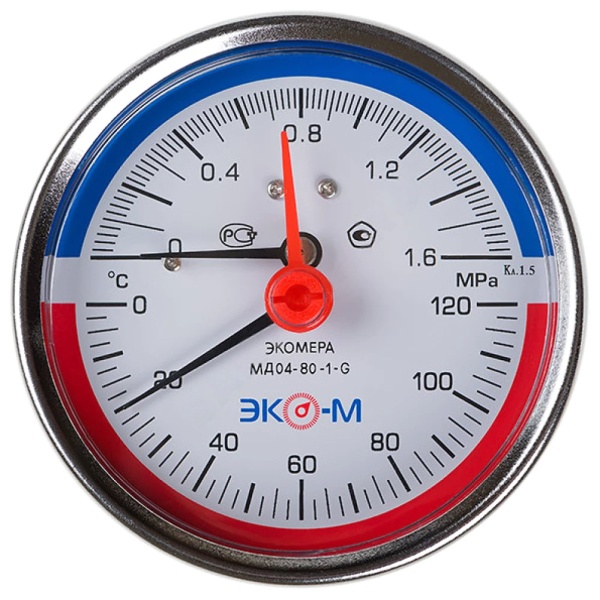 Термоманометр осев МД04 120С 0-0,6МПа Дк80 G1/4" в/к перех G1/2" L=40мм ЭКОМЕРА