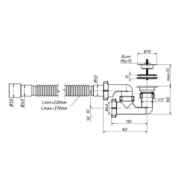 Сифон д/поддона рег 1 1/2"x50 гофр 40х40/50 нерж/сетка Орио А-82589