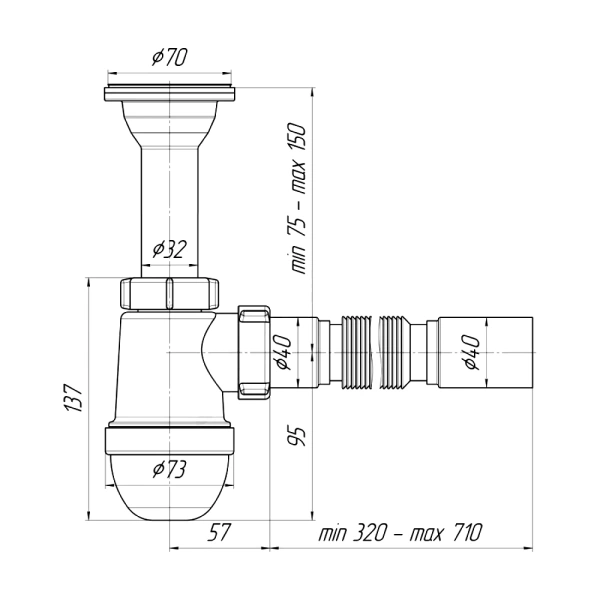 Сифон умыв/мойка бут лит/вып 1 1/2"x40 гофр 40х40 нерж/сетка АНИ Пласт C0505