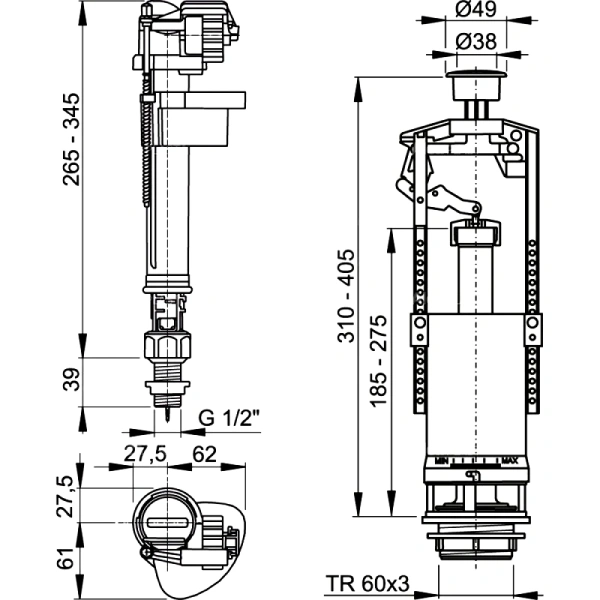 Арматура д/бачка набор 1/2" пл/ш н/под хр кноп 1реж Alca SA2000S 1/2" CHROM