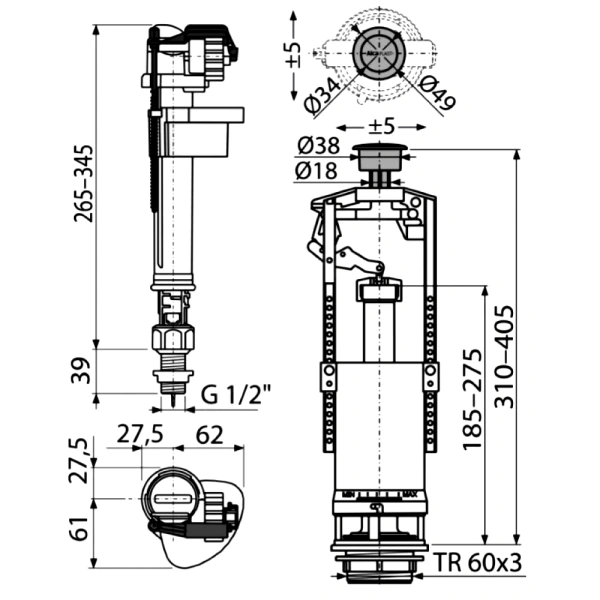Арматура д/бачка набор 1/2" лат/ш н/под хр кноп стоп Alca SA2000SK 1/2" CHROM