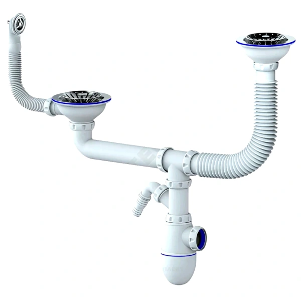 Сифон мойки 2чаши бут г/пер 3 1/2"x40 отв нерж/сетка Unicorn B710V