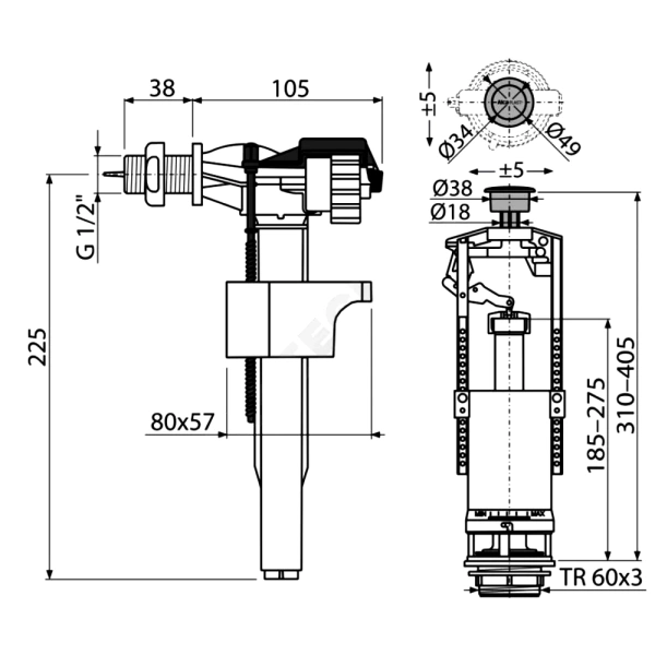 Арматура д/бачка набор 1/2" лат/ш б/под хр кноп стоп Alca SA2000K 1/2" CHROM