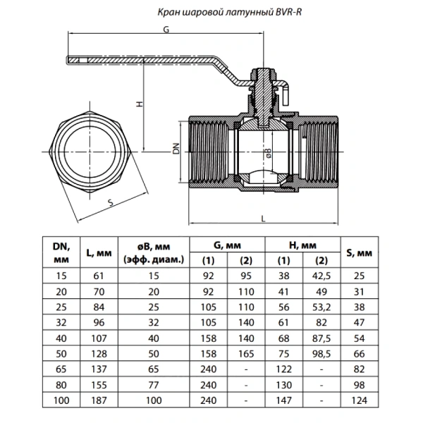 Кран шаровой Ридан BVR-R ГОСТ59553-2021 PN40 DN40ВР Т -20 °С...+120 °С латунь