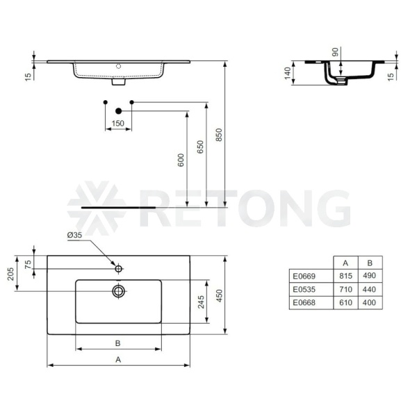 Умывальник меб TEMPO Vanity 61 4/вел 1/отв б/к Ideal Standard E066801