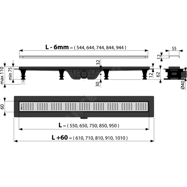 Лоток душев гор/вып комб/з Дн40 750х60 нж/реш мат Alca APZ10-750M