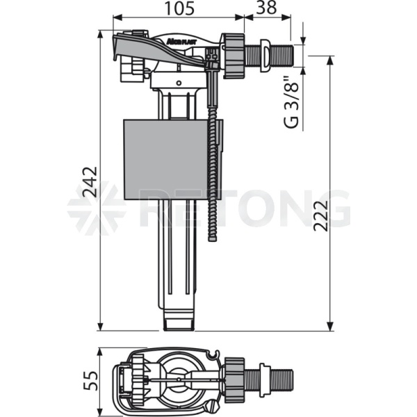 Арматура д/бачка налив 3/8" пл/ш б/под Alca A150-3/8"