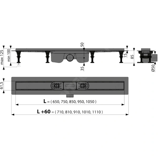 Лоток душев гор/вып комб/з Дн50 750х60 б/реш Alca APZ12-750