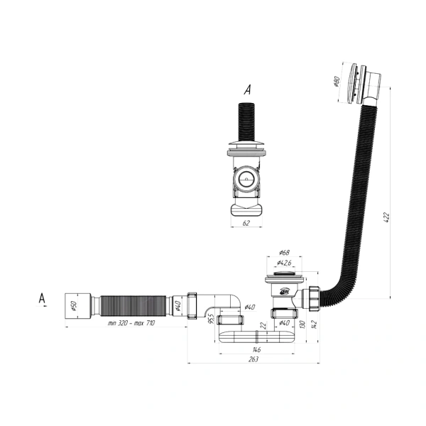 Сифон д/ванны плоск авт 1 1/2"x40 гофр 40х50 АНИ Пласт EC055