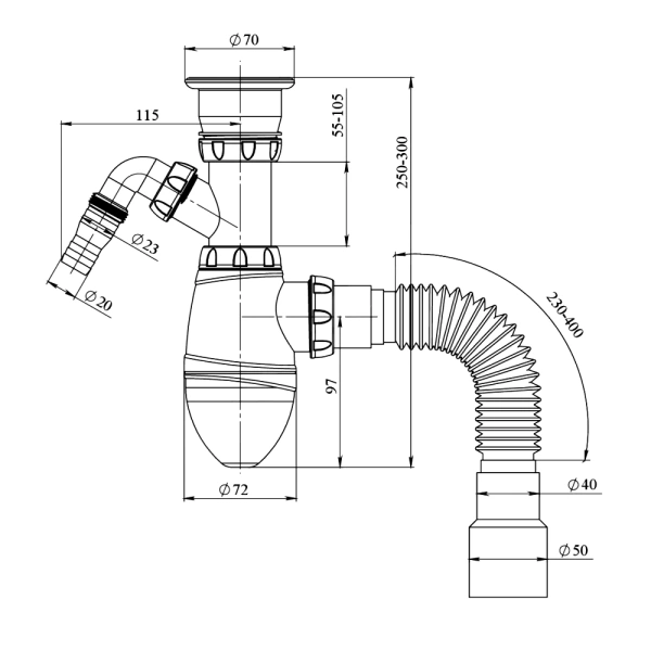 Сифон умыв бут 1 1/2"x40 гофр 40х40/50 отв нерж/сетка Unicorn A320V
