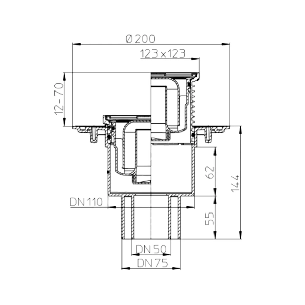 Трап рег верт/вып гидр/затв Дн50/75/110 нерж/реш 115х115 HL HL310N