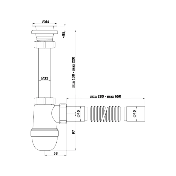 Сифон умыв бут 1 1/4"x40 гофр 40х40 нерж/сетка Ани АНИ Пласт C1005