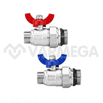 Комплект прямых шаровых кранов Varmega VM15952, 1"x3/4" НР-НР, с разъемным соединением, ручка-бабочк