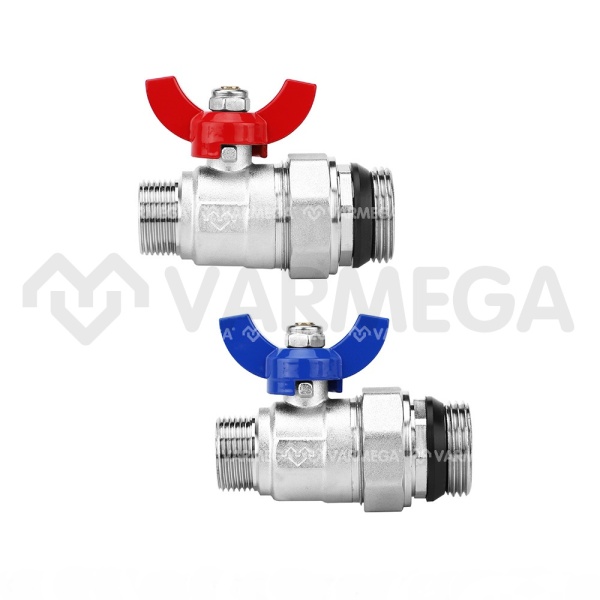 Комплект прямых шаровых кранов Varmega VM15952, 1"x3/4" НР-НР, с разъемным соединением, ручка-бабочк