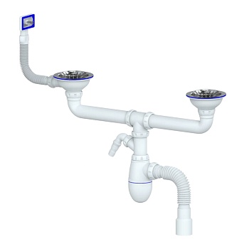 Сифон мойки 2чаши бут г/пер 3 1/2"x40 гофр 40х40/50 отв нерж/сетка Unicorn B730V