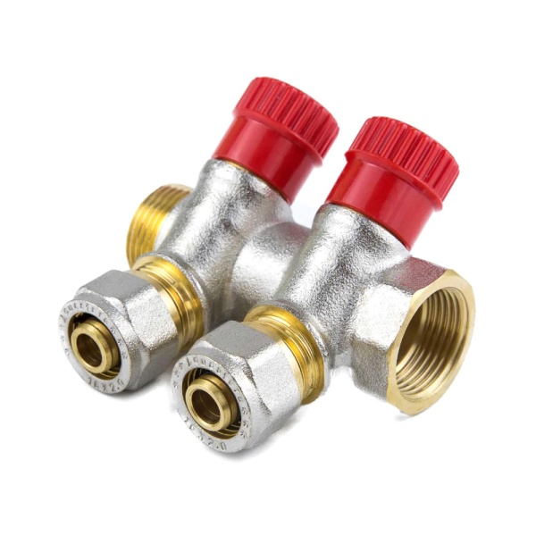 Коллектор лат клап рег красн 3/4" м/р 3в Дн16 обжим мп 35мм Aquasfera 7018-02 .