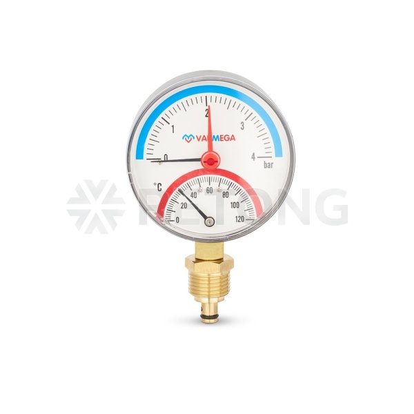 Термоманометр радиальный Varmega VMMT07-800404, диаметр 80 мм, 4 бар, 120°С, 1/2", с запорным клапан