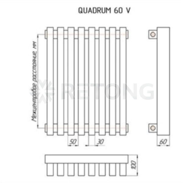 Радиатор трубч QUADRUM 60V 1-1750 4 секц бок/п ВР 1/2" RAL1Т104S9016 КЗТО