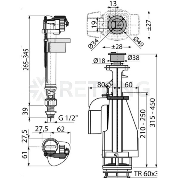 Арматура д/бачка набор 1/2" пл/ш н/под хр кноп 2реж Alca SA08AS 1/2" CHROM