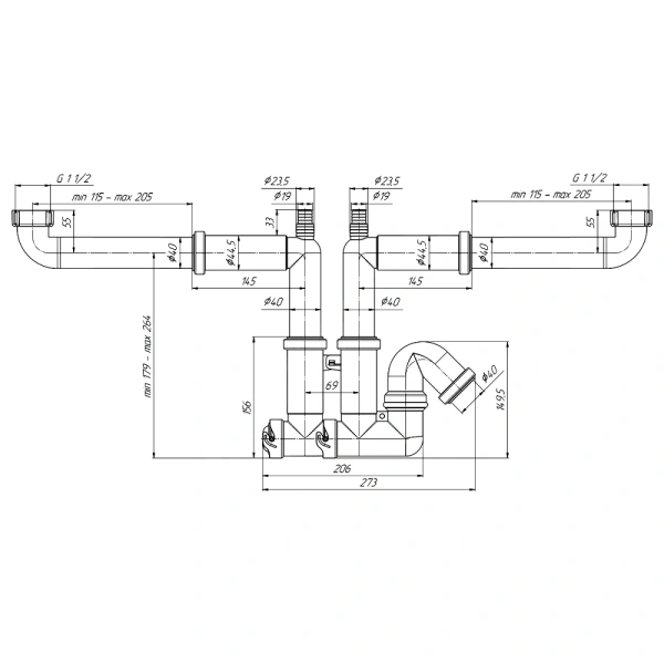 Сифон мойки 2чаши труб б/вып 1 1/2"x40 2отв АНИ Пласт F3520