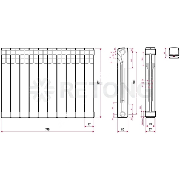 Радиатор бимет Ultra Plus 500 10 секц 1430Вт Ogint .