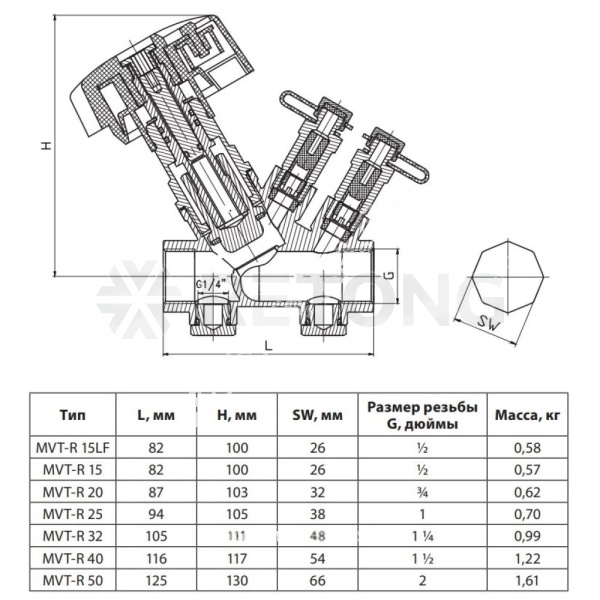 Ручной балансировочный клапан Ридан MVT-R DN40 с дренажем