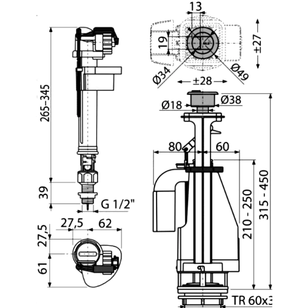 Арматура д/бачка набор 1/2" пл/ш н/под хр кноп 2реж Alca SA08AS 1/2" CHROM