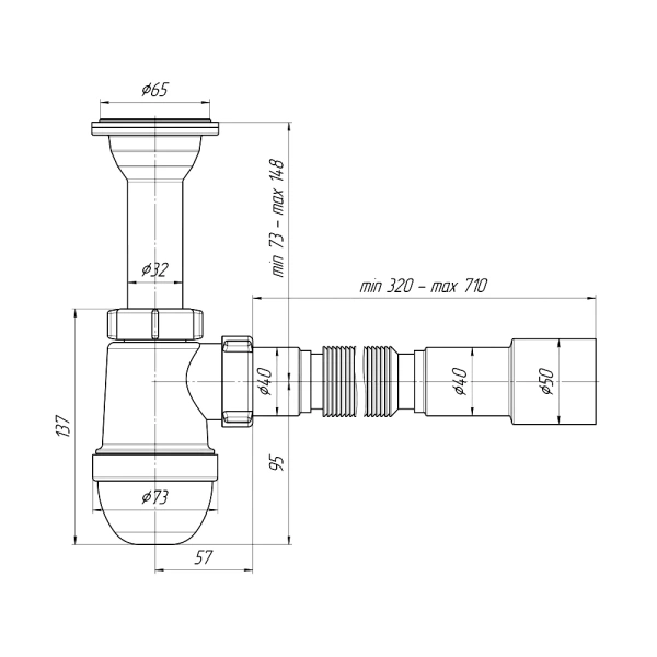 Сифон умыв/мойка бут лит/вып 1 1/4"x40 гофр 40х40/50 нерж/сетка АНИ Пласт C2015