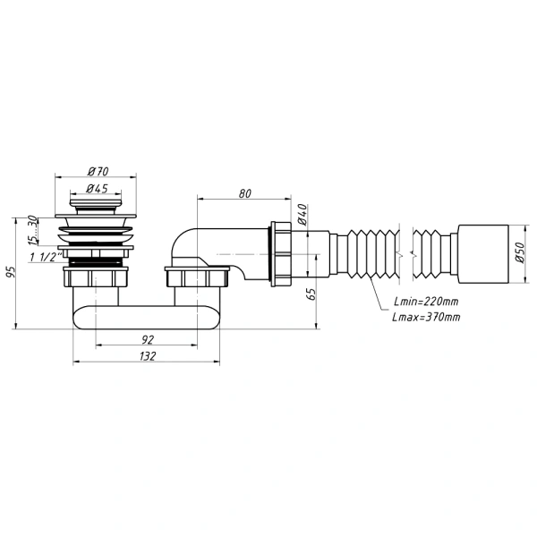 Сифон д/поддона плоск 1 1/2"x40 гофр 40х40/50 клик-клак Орио АР-82589
