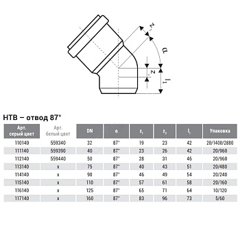 Отвод PP-H сер б/н Дн32х87гр в/к HTB Ostendorf 110140