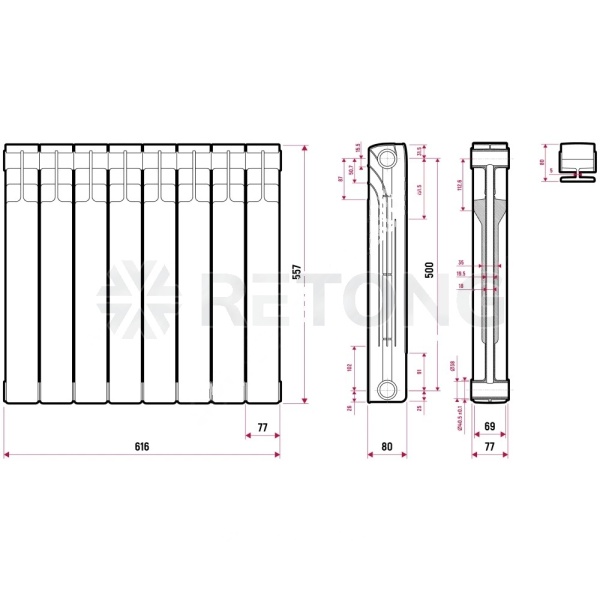 Радиатор бимет Ultra Plus 500 8 секц 1144Вт Ogint .