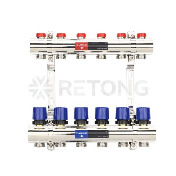 Коллекторная группа для отопления Varmega VM15806 ВР 1", на 6 контуров 3/4" EK, латунь