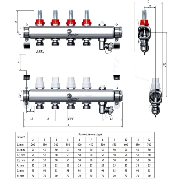 Группа коллект нерж расход 1" м/м 6в 3/4" ЕК н/р в/к Wester 0-32-1830