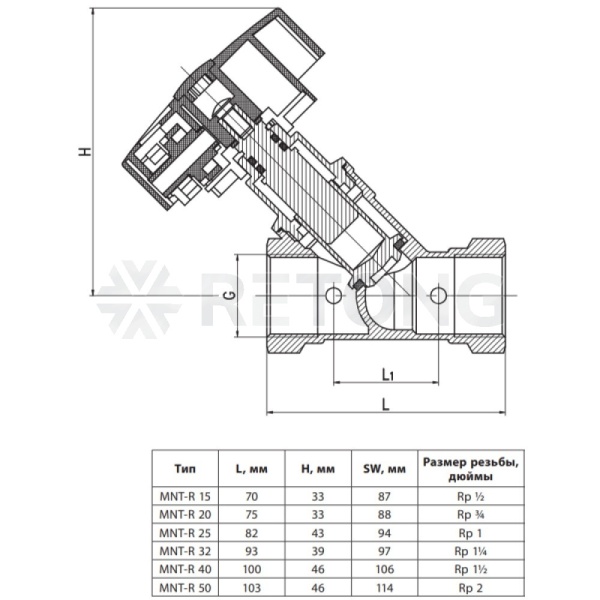 Клапан баланс лат MNT-R Ду20 Ру16 м/м Kvs5.96 нип Ридан 003Z2332R
