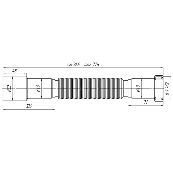Гофра с гайкой 1 1/2"x50 L=320-730мм АНИ Пласт K105
