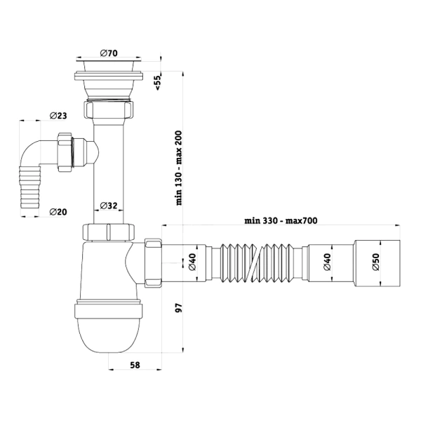 Сифон умыв/мойка бут 1 1/2"x40 гофр 40х40/50 отв нерж/сетка Ани АНИ Пласт C0315
