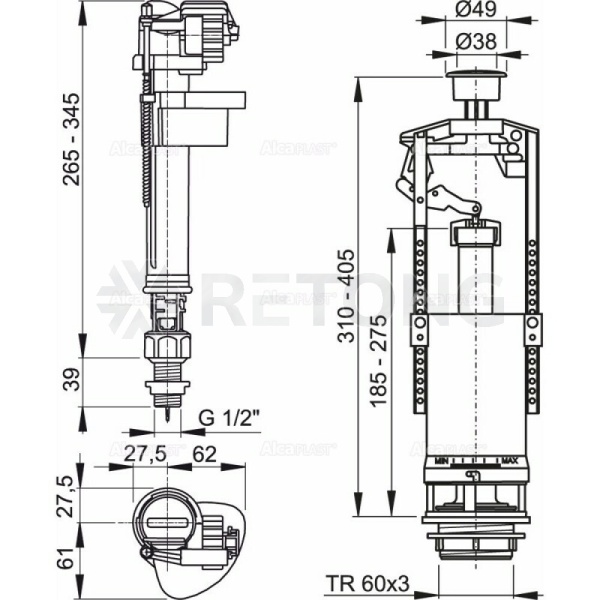 Арматура д/бачка набор 1/2" пл/ш н/под хр кноп 1реж Alca SA2000S 1/2" CHROM