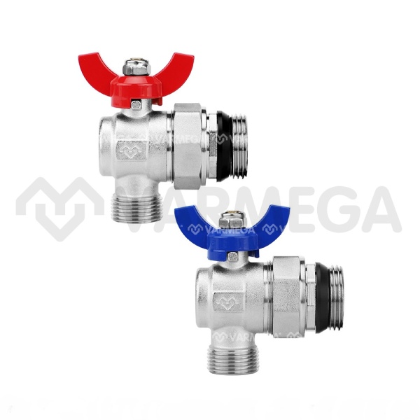 Комплект угловых шаровых кранов Varmega VM15956, 1"x3/4" НР-НР, с разъемным соединением, ручка-бабоч