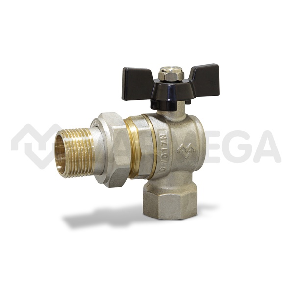 Кран шаровый угловой с разъемным соединением Varmega Toro VM02702 3/4" НР-ВР, полнопроходной, ручка-