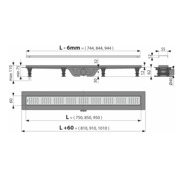 Лоток душев гор/вып комб/з Дн40 950х60 нж/реш мат Alca APZ10-950M