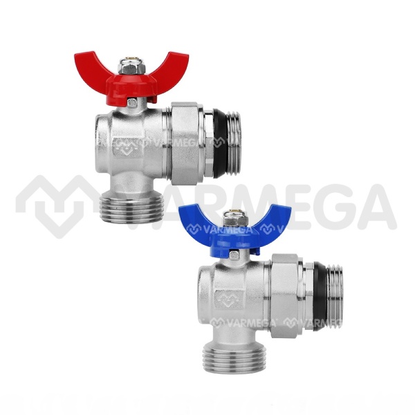 Комплект угловых шаровых кранов Varmega VM15955, 1"x1" НР-НР, с разъемным соединением, ручка-бабочка