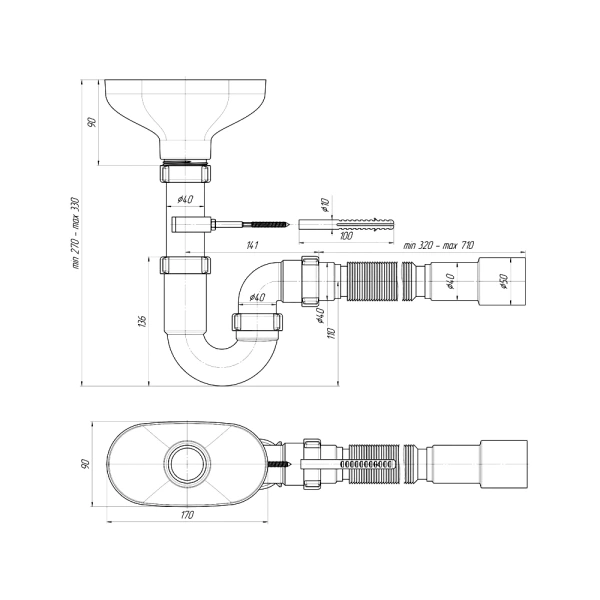 Сифон труб разрыв струи 1 1/2"x40 гофр 40х40/50 вып/воронка АНИ Пласт DR0115
