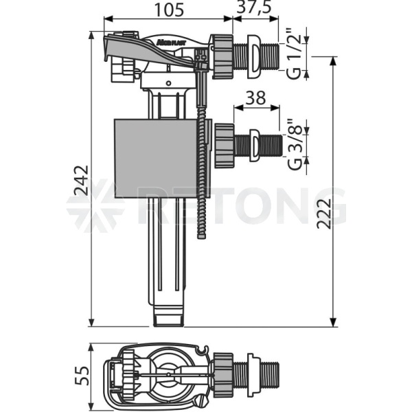 Арматура д/бачка налив 3/8" и 1/2" пл/ш б/под Alca А150UNI