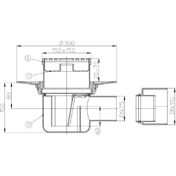 Трап рег гор/вып гидр/затв Дн75/110 нерж/реш 147х147 HL HL72.1N