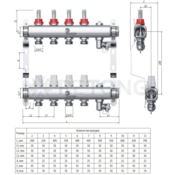Группа коллект нерж расход 1" м/м 3в 3/4" ЕК н/р в/к Wester 0-32-1815