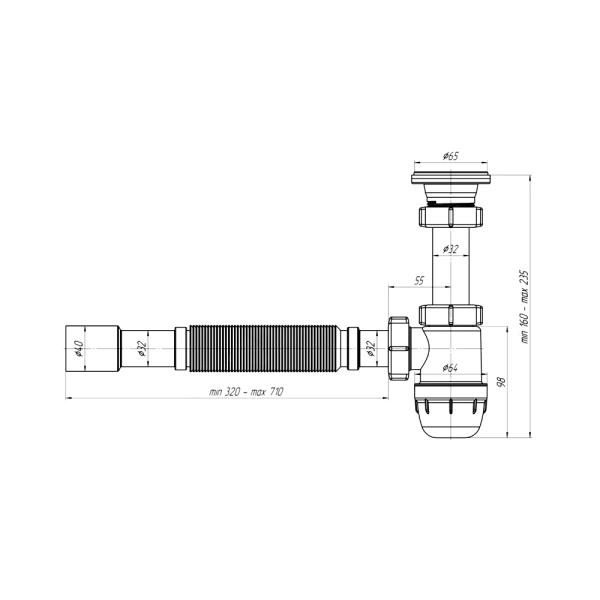 Сифон умыв бут 1 1/4"x32 гофр 32х32/40 нерж/сетка АНИ Юнг АНИ Пласт BM1015