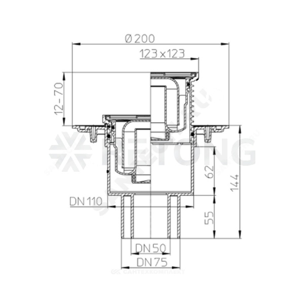 Трап рег верт/вып гидр/затв Дн50/75/110 нерж/реш 115х115 HL HL310N