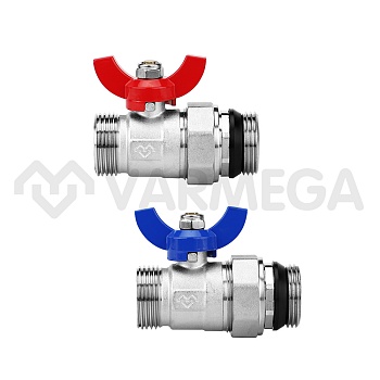 Комплект прямых шаровых кранов Varmega VM15951, 1"x1" НР-НР, с разъемным соединением, ручка-бабочка,
