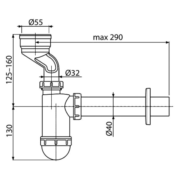Сифон д/писсуара бут лит/вып 1 1/4"x40 пр/тр 40 манж D55 Alca A45A