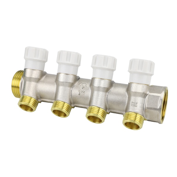 Коллектор распределительный с запорными клапанами Varmega VM14734, 1", на 4 выхода 3/4"ЕК